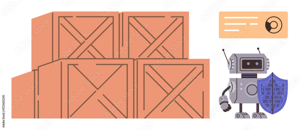 Poster stacked wooden crates beside a robot holding a shield and analytics screen. ideal for automation, lo