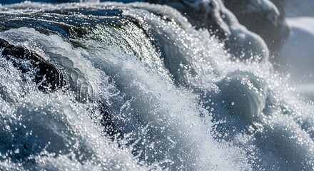 Dynamic close-up of rushing water in a river or waterfall, showcasing the power and movement of nature.