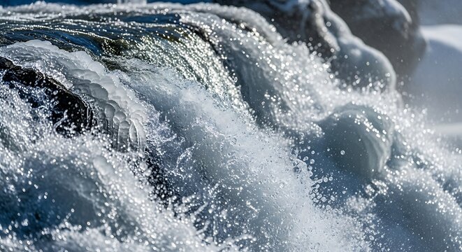 Dynamic close-up of rushing water in a river or waterfall, showcasing the power and movement of nature. - Powered by Adobe
