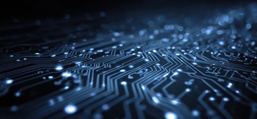 Close-up of a circuit board with glowing traces