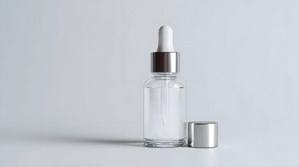 A clean minimalist studio shot of a clear glass dropper bottle with a silver cap and white pipette filled with liquid isolated on a white background
