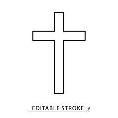 A christian cross icon in a minimalist line style with editable stroke. Religious symbol, faith sign, spiritual worship object, catholic church element, holy crucifix concept, god belief.