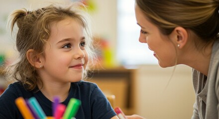 A smiling girl looks up at her teacher in a bright classroom filled with art supplies, fostering a warm and engaging learning environment.