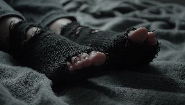 Feet in torn socks on gray blanket