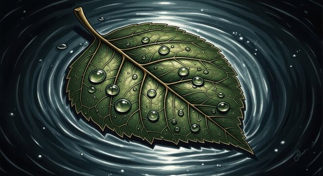 A single green leaf floats on rippling dark water covered in dew drops