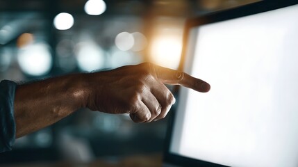 A hand points a finger towards a bright blank digital screen in a softly lit modern environment