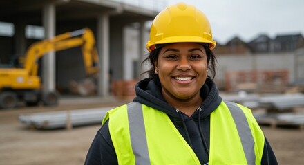Smiling construction worker in safety gear stands in front of a construction site with heavy equipment and building materials.