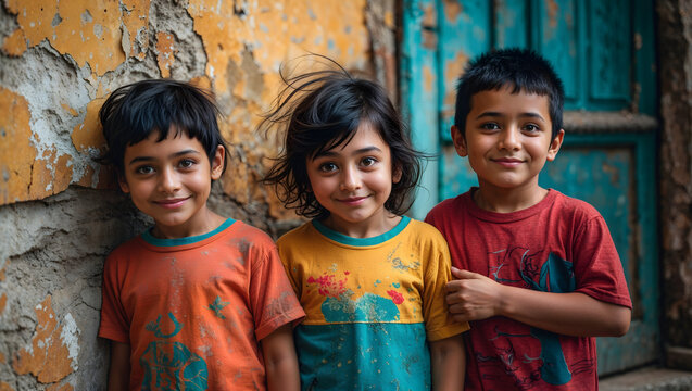 Three children with distinct facial features, varying skin tones, and messy hair, standing next to each other and looking mischievously into the camera generative AI