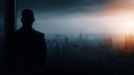 Fototapeta premium Silhouette of a businessman gazing at a misty city skyline during a sunrise symbolizing ambition and future success