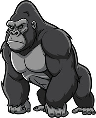 Cartoon gorilla standing pose, muscular wild animal character, powerful jungle beast, vector illustration, strong primate, wildlife art, expressive creature design