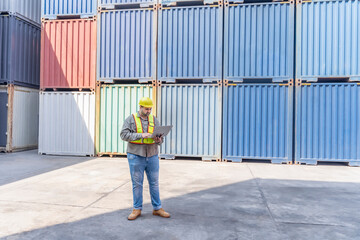 Fototapeta premium Indian man container worker in yellow hard hat and safety vest working on laptop computer,inspecting container boxes at shipping yard