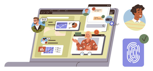 Laptop screen displaying video calls, data charts, and secure user authentication. Ideal for remote work, teamwork, technology, digital security, data sharing online education communication. Simple