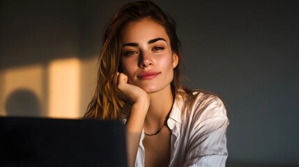 A young woman rests her chin on her hand looking thoughtfully into the in warm soft sunlight with a laptop nearby