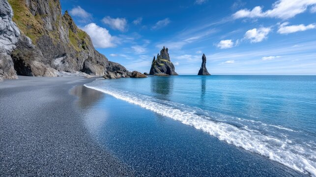 Scenic Black Sand Beach Landscape with Rock Formations and Blue Sky Reflection Sunny Day - Powered by Adobe
