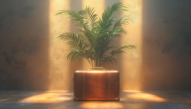 A fern sits atop a vintage leather suitcase with a golden sunlit wall. Ideal for themes of travel, plants, home decor, or adventure.