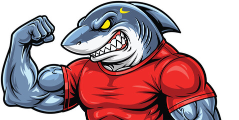 Cartoon muscular shark character, red t-shirt, fierce expression, flexing arm, marine predator, vector illustration, sports mascot, fitness theme, power pose