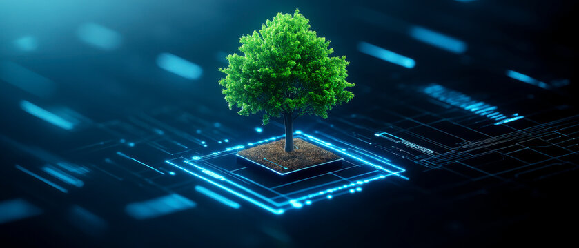 A digital tree stands on a glowing platform, symbolizing the intersection of nature and technology in a futuristic environment.