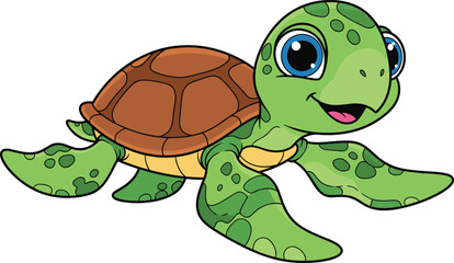 Cartoon sea turtle character, green flippers, brown shell, smiling face, blue eyes, vector illustration, marine animal, underwater theme, friendly pose