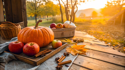 Cozy fall harvest flat lay, pumpkins, apples, cinnamon sticks, rustic wooden table, warm sunlight, shallow depth of field, cozy farmhouse style, wide composition with copy space, photorealistic.