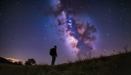 Fototapeta premium Man gazing at the Milky Way galaxy in the night sky 