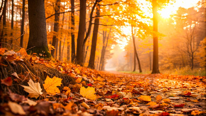 Golden autumn forest background, colorful leaves on the ground, warm sunset glow through trees, dreamy and peaceful atmosphere, soft focus background with space for text.