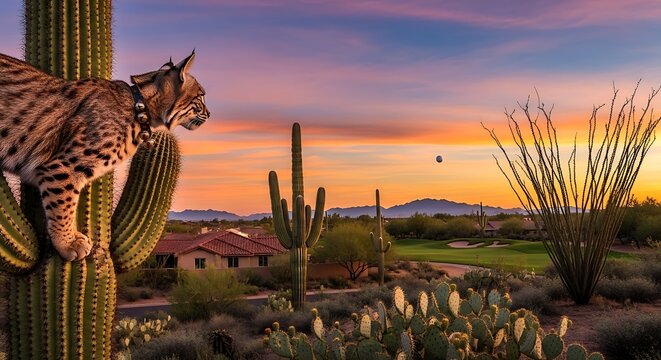 Desert Sunset with Wildcat on Cactus. - Powered by Adobe