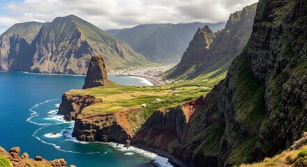 Coastal Cliffs and Ocean Landscape with Lush Greenery and Mountains.