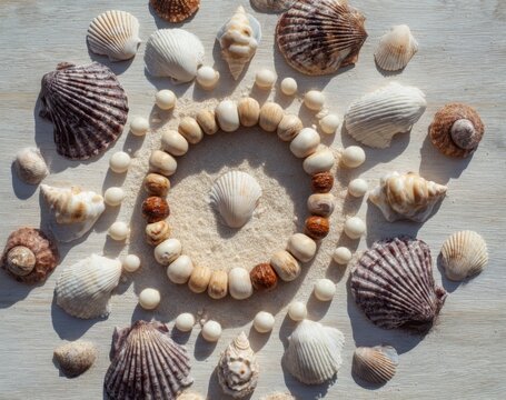 Seashell mandala on wood - Powered by Adobe
