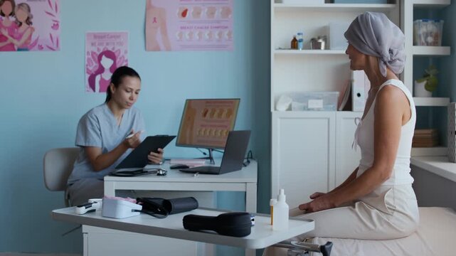 Long shot of female middle-aged Caucasian patient with cancer in headscarf visiting young therapist in medical uniform, consulting in clinic