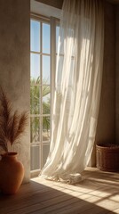 Soft interior campaign mood, calm tone soft interior campaign, natural light soft interior campaign Sunlight streams through sheer curtains indoors.