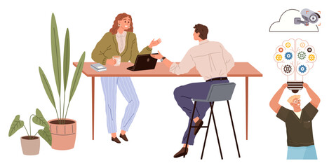 Two colleagues brainstorm together at a desk with a laptop, surrounded by plants, innovation elements, and tech ideas. Ideal for teamwork, collaboration, innovation, creativity, problem-solving