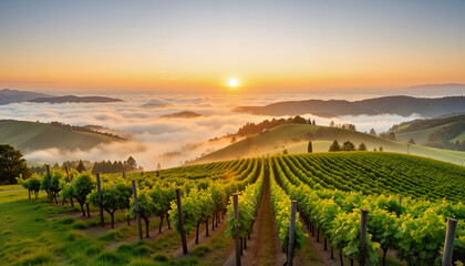 Fototapeta premium Sunrise over vineyard hills with misty mountains in background 