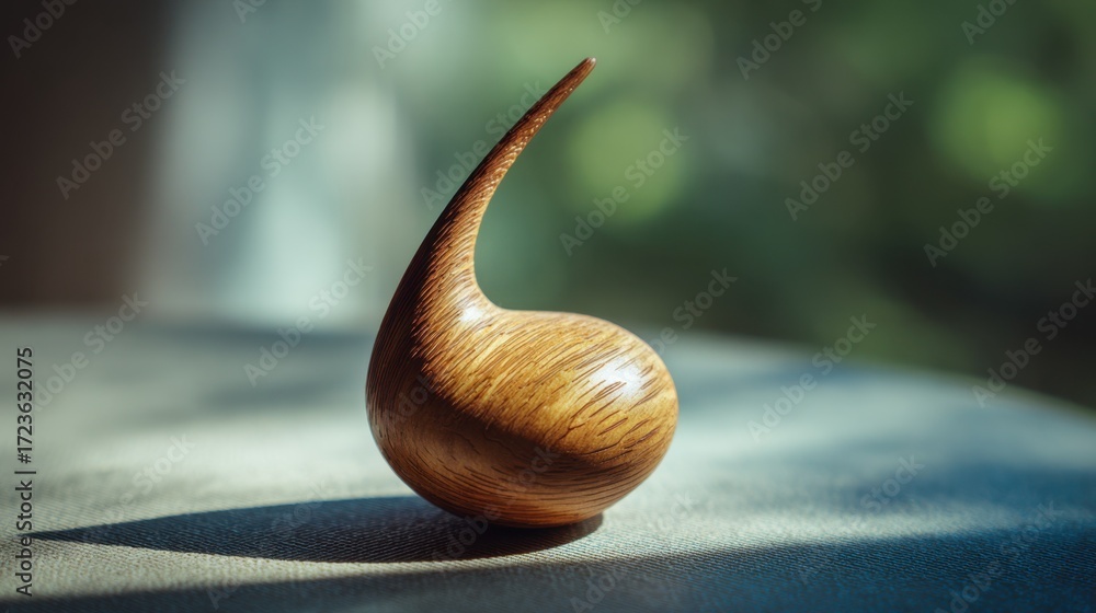 Poster Medium shot capturing a warm wooden 3D printed pick displaying natural grain and ergonomic curves blending organic aesthetics with advanced additive manufacturing in a softly