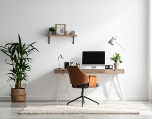 Modern Home Office Workspace with Brown Leather Chair