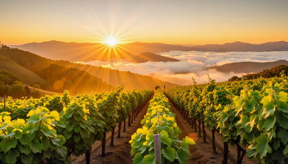 Naklejka premium Vineyard landscape at sunset with sun rays illuminating grapes 