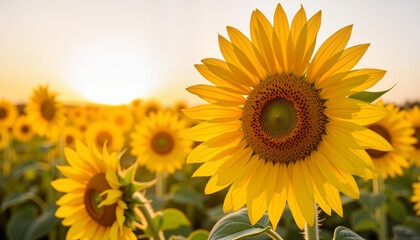 Fototapeta premium Sunflower blooming in field during sunset with golden light 