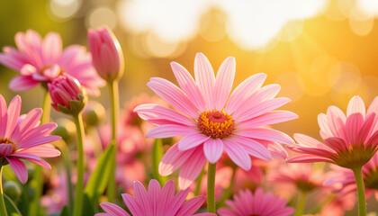 Obraz premium Pink daisies blooming in sunlight with blurred background 