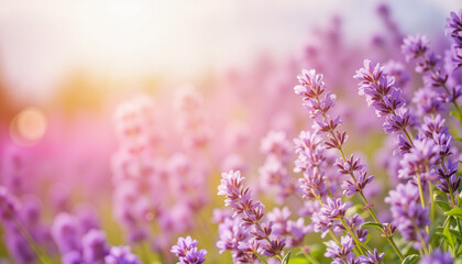 Obraz premium Lavender flowers blooming in sunny field with soft light 