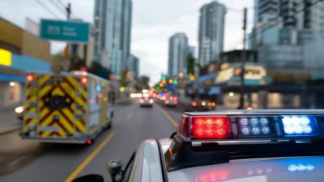 Emergency response: police escorting ambulance in urban traffic at dusk