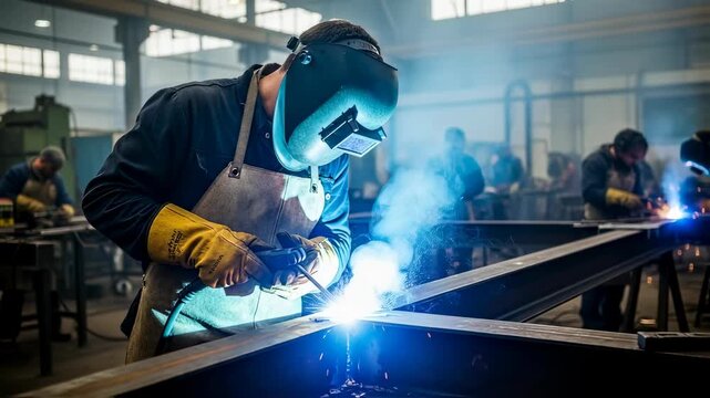 Man welder working metal with bright arc welding flame, profession, industrial fabrication workshop footage