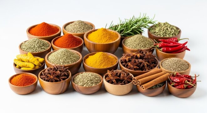A vibrant assortment of colorful spices and herbs arranged in rustic wooden bowls, evoking culinary exploration and aromatic discovery.