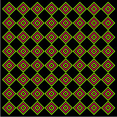 Layers of pink and green diamonds radiate outward on black canvas, weaving luminous geometry, rhythm, and balance into an endless hypnotic tapestry.