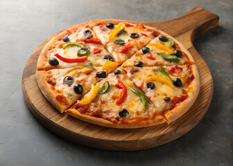 Aromatic Pizza with Melted Cheese, Olives, and Sweet Peppers on a Rustic Wooden Board