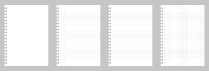 Set of spiral notebook pages including blank, lined, ruled, and grid paper templates. Perfect for stationery, school, office, notes, sketching, and academic design projects. Vector, white paper.