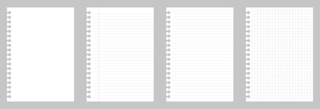 Set of spiral notebook pages including blank, lined, ruled, and grid paper templates. Perfect for stationery, school, office, notes, sketching, and academic design projects. Vector, white paper.