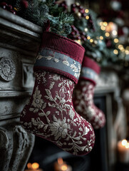 Christmas decor illustration: a desaturated red Christmas stocking on a mantelpiece adorned with Christmas greenery and colorful garlands. A traditional Christmas tree is depicted against a blurred 