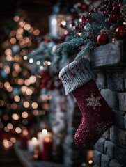 Christmas decor illustration: a desaturated red Christmas stocking on a mantelpiece adorned with Christmas greenery and colorful garlands. A traditional Christmas tree is depicted against a blurred 