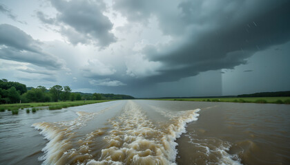Stormy river landscape with dramatic clouds and boat wake