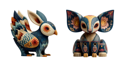 Oaxacan wood carving style animal figures isolated on transparent background