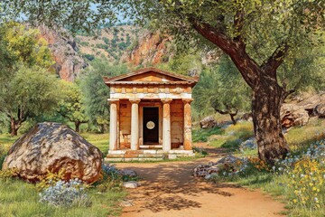 Ancient temple nestled in a sunlit grove